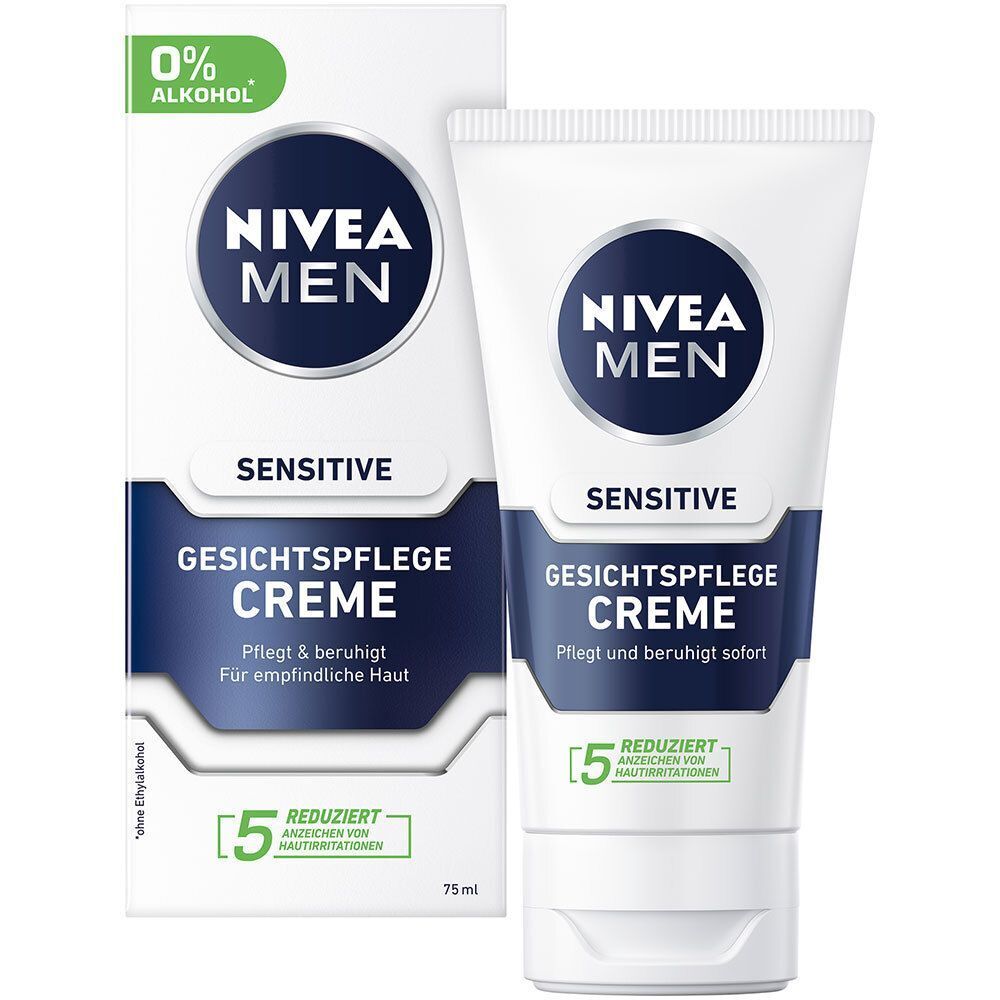 NIVEA MEN Sensitive Gesichtspflege Creme und Verpackung. Weiß, mit blauem Streifen und Logo. Text: Sensitive, Creme, 75 ml.