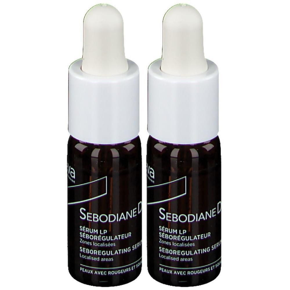 Zwei kleine Fläschchen mit weißem Verschluss und Pipette. Aufschrift: Sebodiane Serum LP, für lokalisierte Bereiche, bei Rötungen.