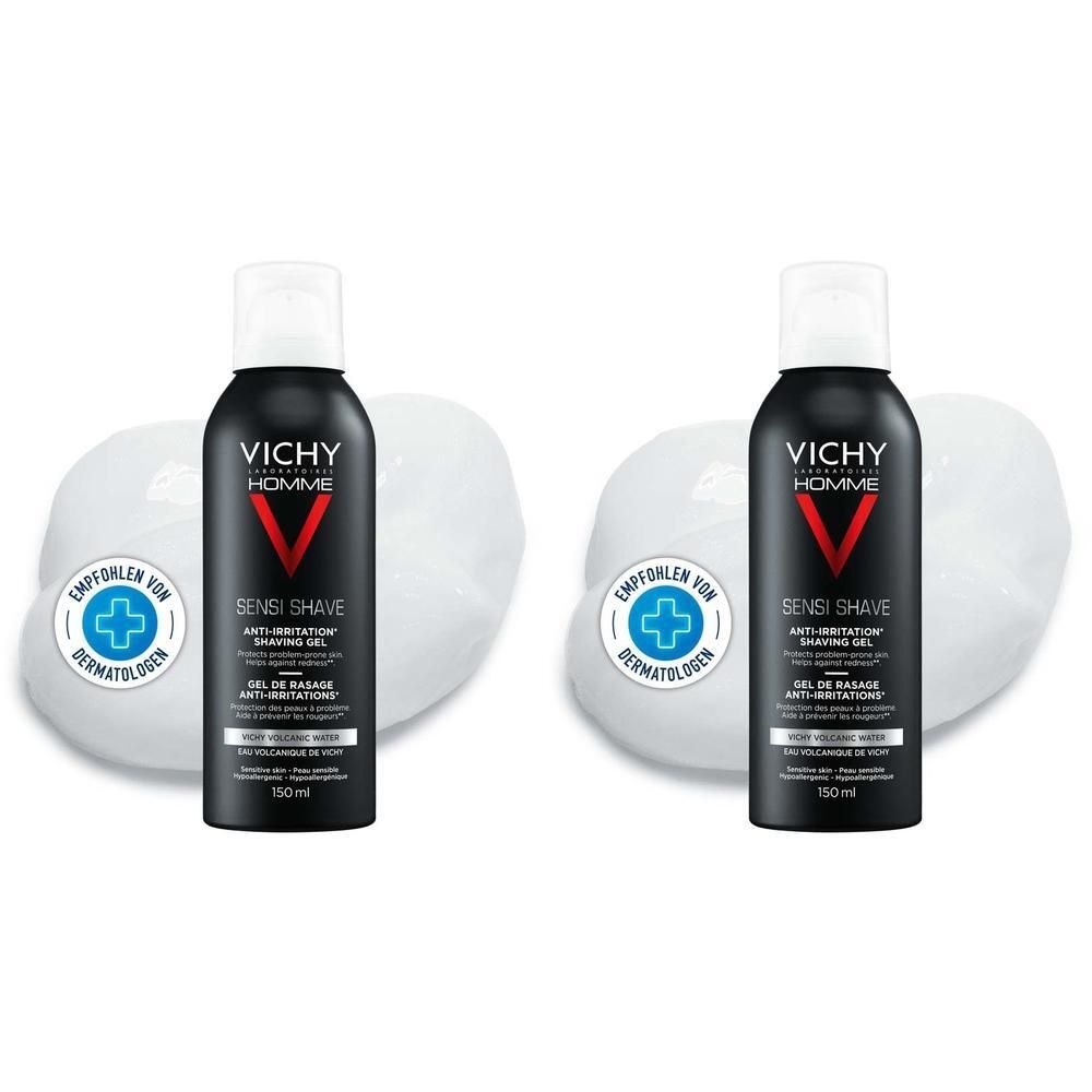Zwei schwarze Rasiergel-Flaschen mit weißem Schaum. Auf den Flaschen steht "VICHY HOMME SENSI SHAVE". Darunter "ANTI-IRRITATION" und "GEL DE RASAGE".
