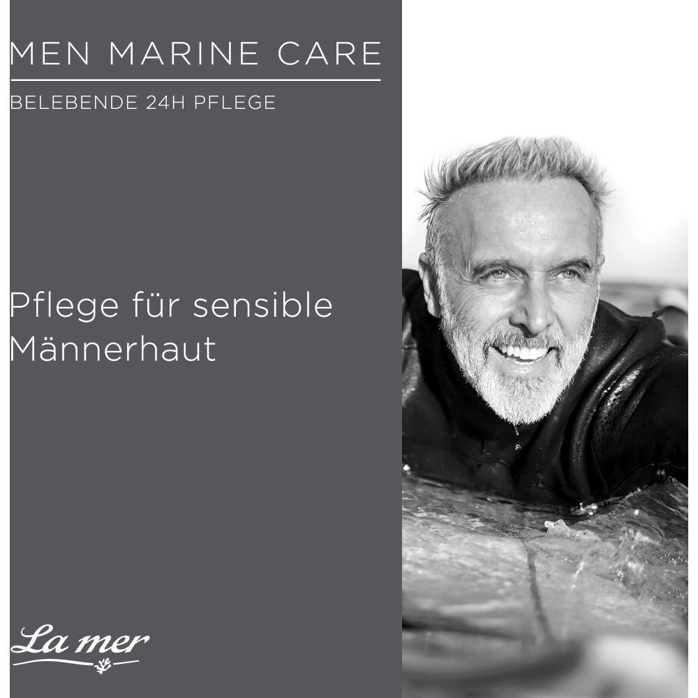 Werbefoto mit Mann im Meer. Text: Men Marine Care, Pflege für sensible Männerhaut. Logo La Mer.
