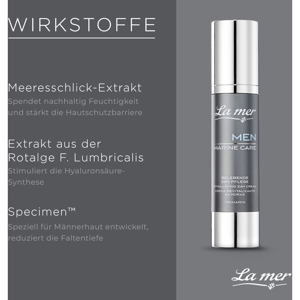 Produkt mit Inhaltsstoffen. Flakon La Mer Men Marine Care. Text: Meereschlick-Extrakt, Extrakt aus Rotalge, Specimen.