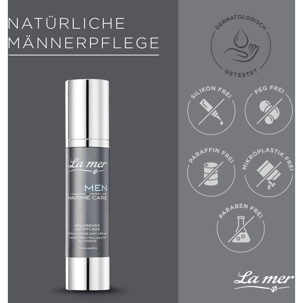 Produkt La Mer Men Marine Care. Text: Natürliche Männerpflege. Logos: dermatologisch getestet, silikonfrei, PEG-frei, etc.
