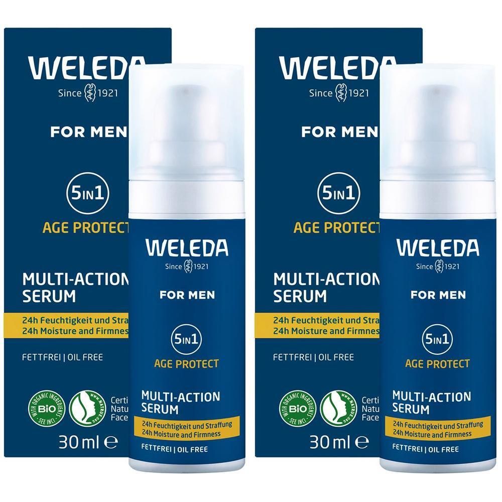 Zwei Weleda For Men Multi-Action Serum-Verpackungen. Blaue Flaschen mit weißem Pumpkopf. Text: 5in1, Age Protect, 24h Feuchtigkeit.