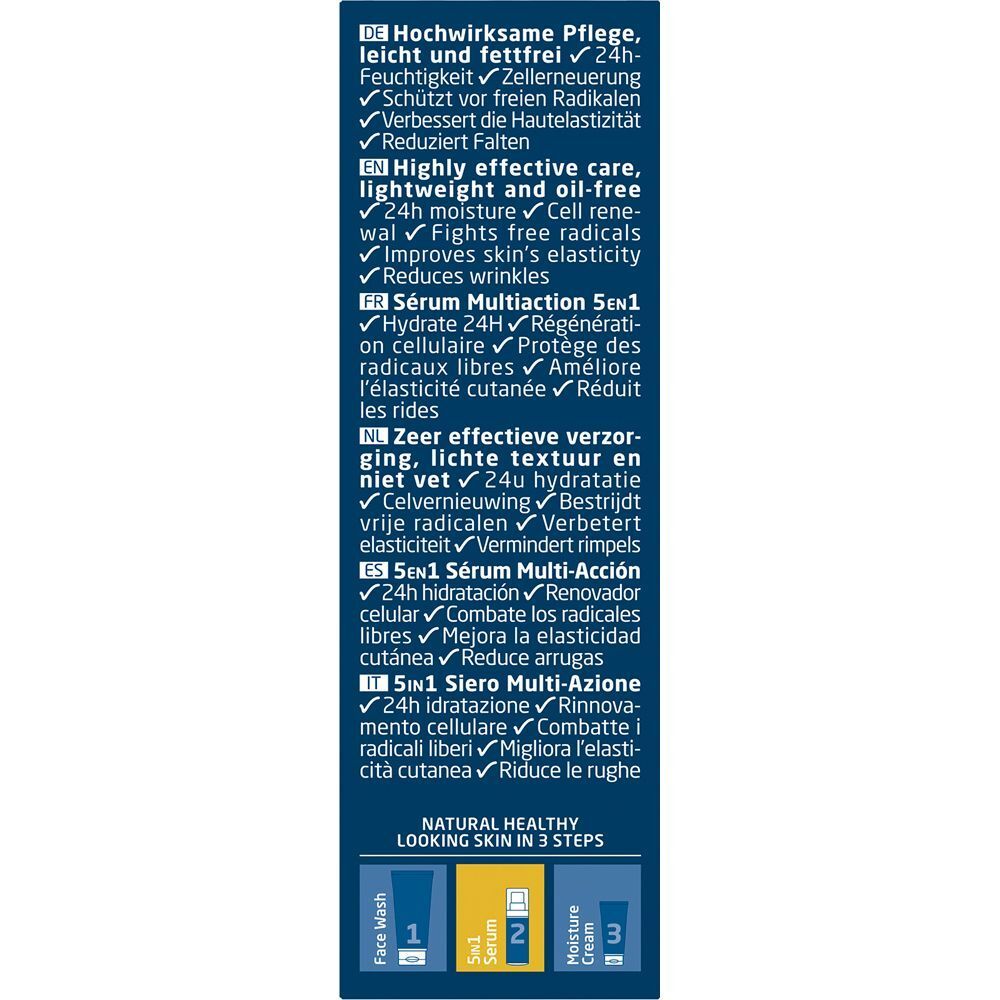 Text auf blauem Hintergrund. Auflistung der Vorteile des Serums in Deutsch, Englisch, Französisch, Niederländisch, Spanisch und Italienisch.