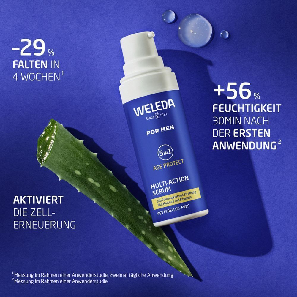 Weleda For Men Multi-Action Serum mit Aloe Vera Blatt. Text: -29% Falten in 4 Wochen, +56% Feuchtigkeit nach 30min.
