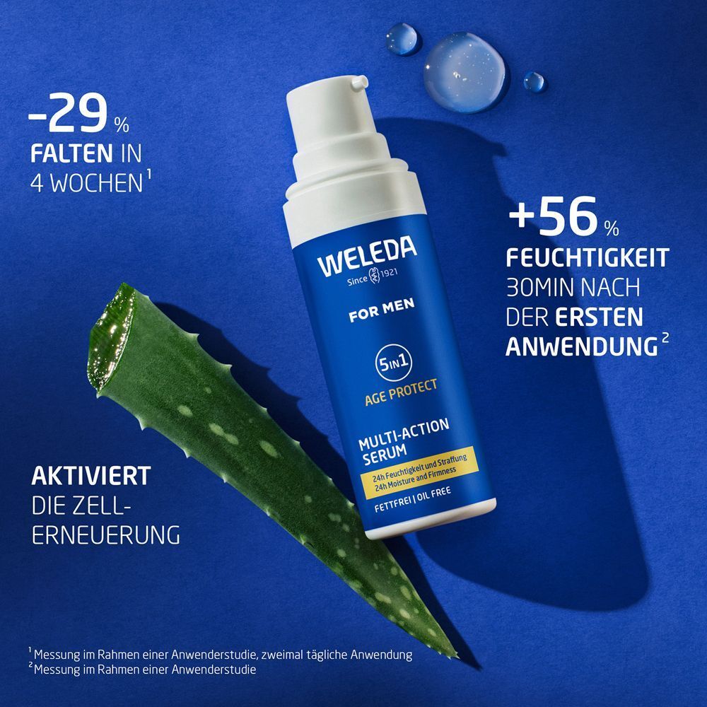 Weleda For Men Multi-Action Serum mit Aloe Vera Blatt. Text: -29% Falten in 4 Wochen, +56% Feuchtigkeit nach 30min.
