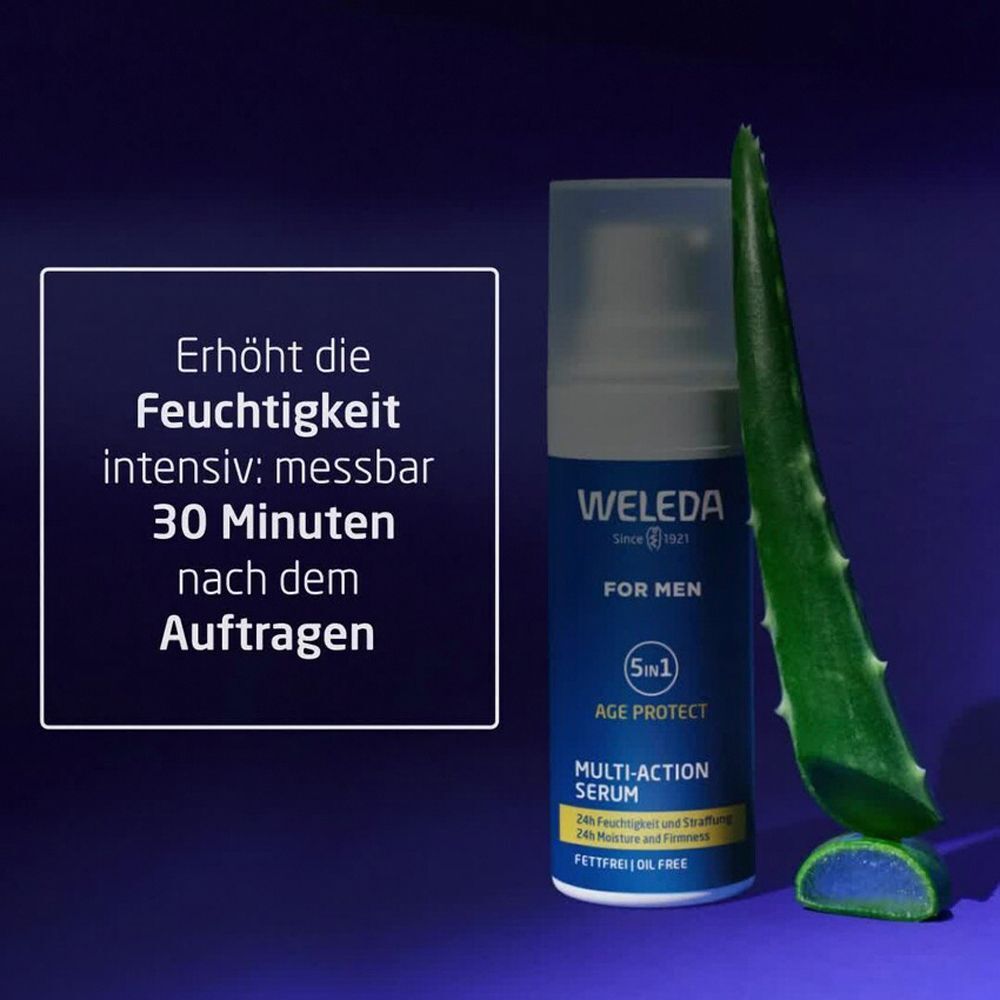 Weleda For Men Multi-Action Serum mit Aloe Vera Blatt. Text: Erhöht die Feuchtigkeit intensiv: messbar 30 Minuten nach dem Auftragen.