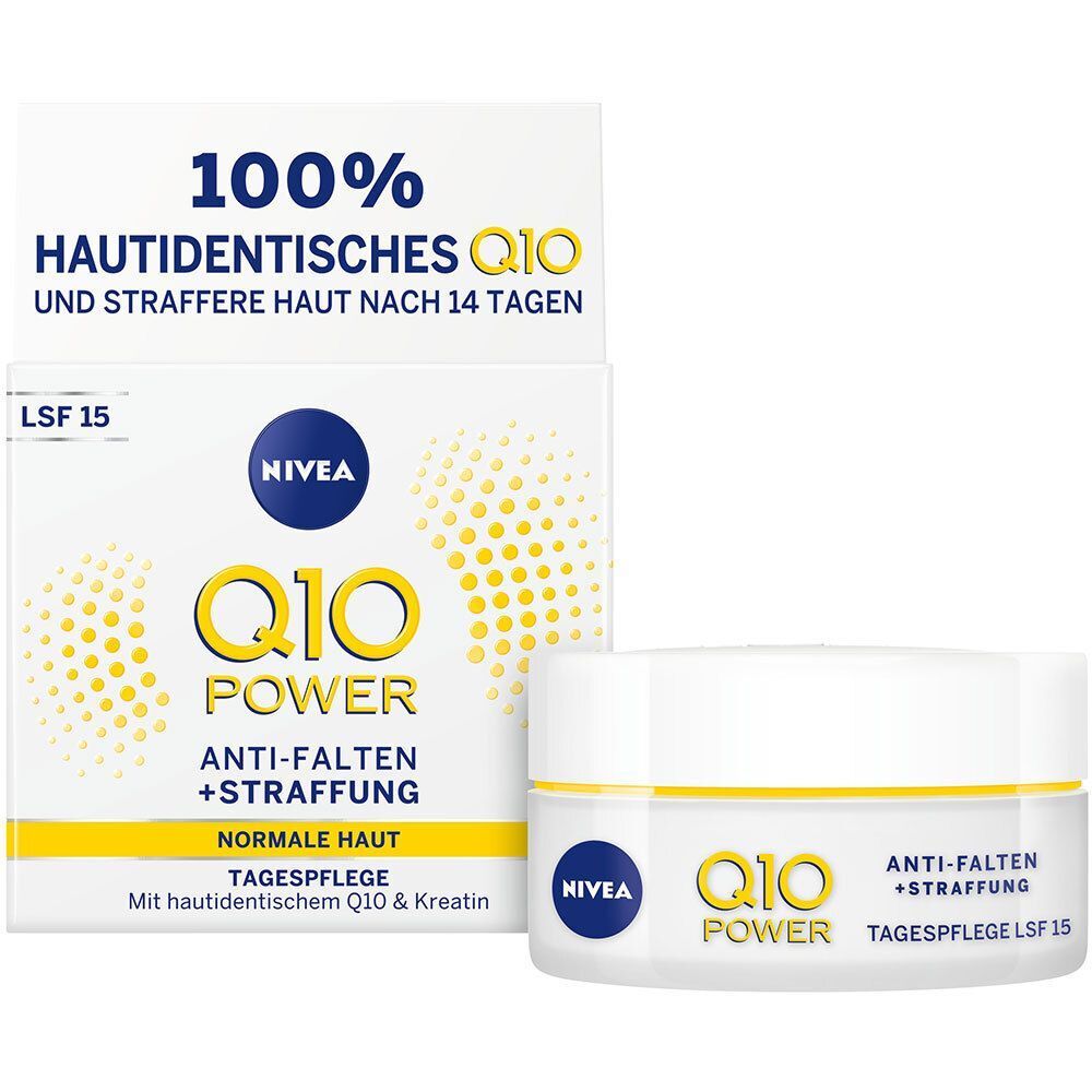 NIVEA Q10 Power Tagespflege LSF 15 und Verpackung. Weißer Tiegel und Karton mit gelben Akzenten. Text: Anti-Falten + Straffung.