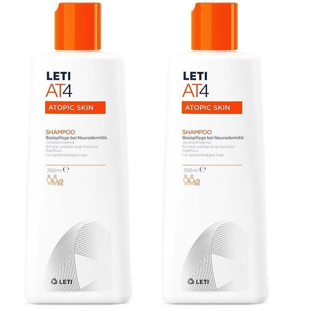 Zwei weiße Flaschen LETI AT4 Shampoo mit orangefarbenen Deckeln. Text: ATOPIC SKIN, SHAMPOO, 250ml.