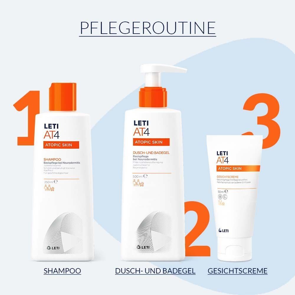 Drei Produkte: LETI AT4 Shampoo, Dusch- und Badegel, Gesichtscreme. Alle mit orangefarbenen Deckeln und Pumpen.