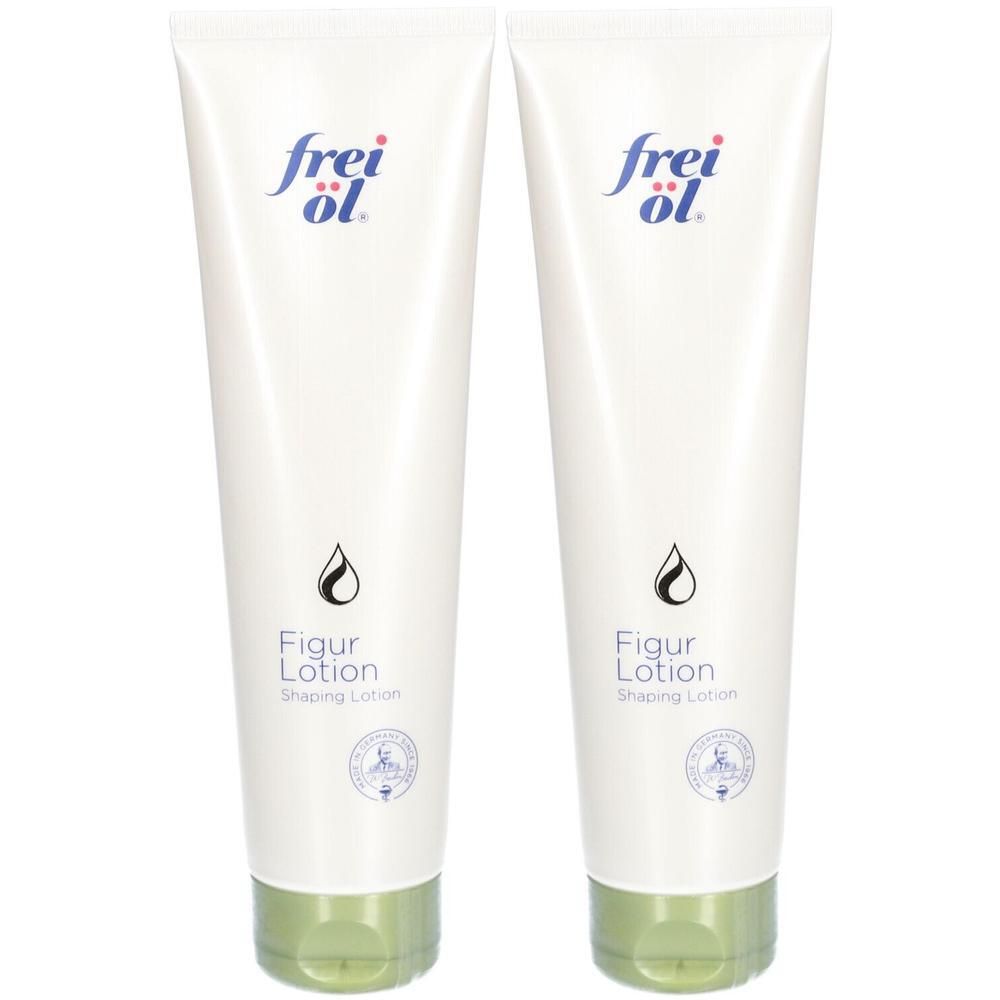 Zwei weiße Tuben mit grünem Verschluss. Aufschrift: frei öl, Figur Lotion, Shaping Lotion. Tropfensymbol.