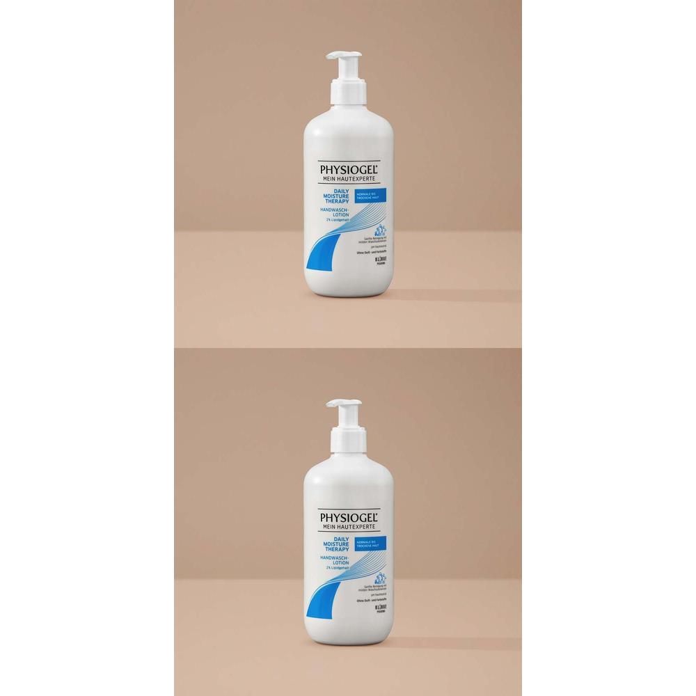 Zwei weiße Flaschen mit Pumpverschluss. Aufschrift PHYSIOGEL Daily Moisture Therapy Handwaschlotion.