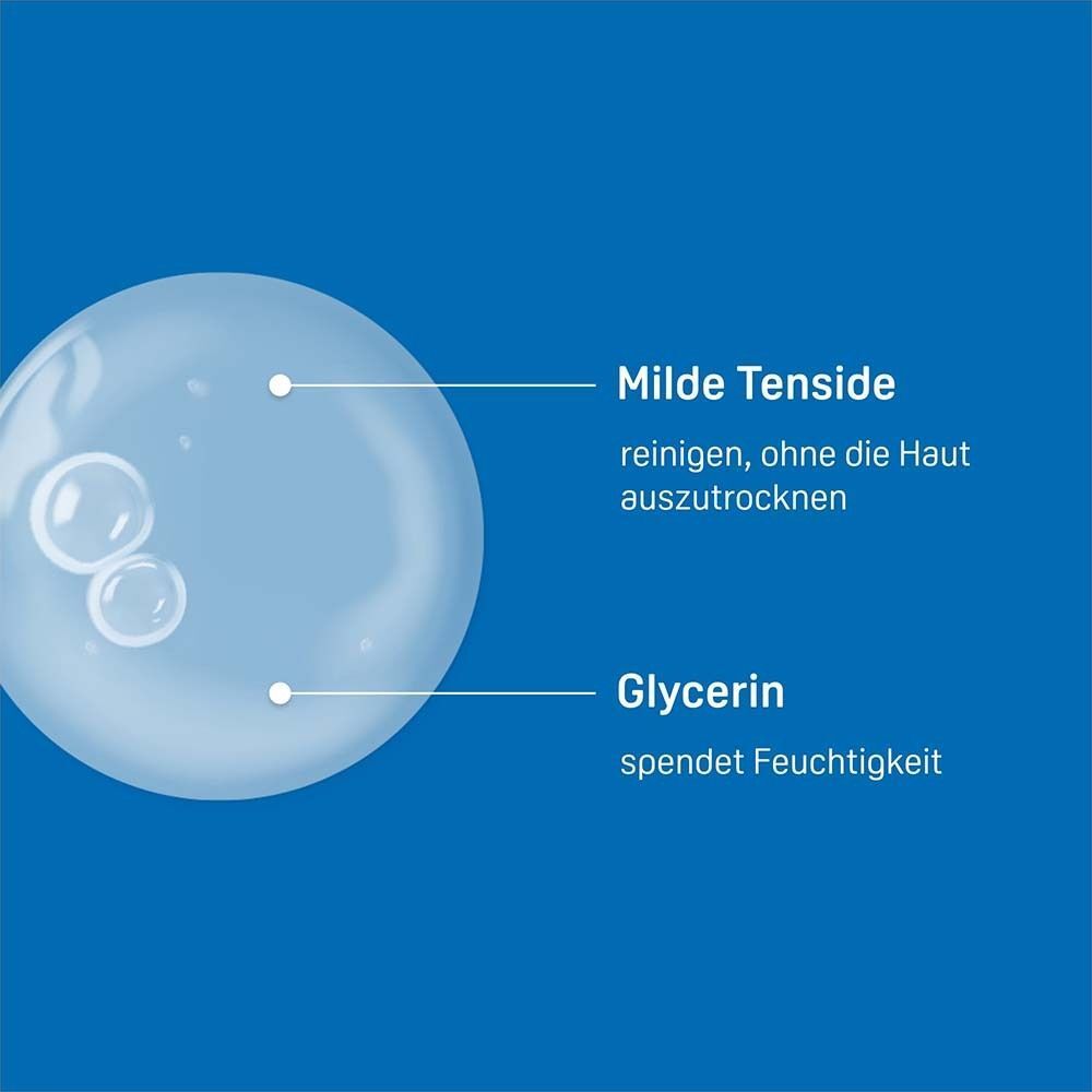 Nahaufnahme einer Flüssigkeit. Text: Milde Tenside, Glycerin. PHYSIOGEL.