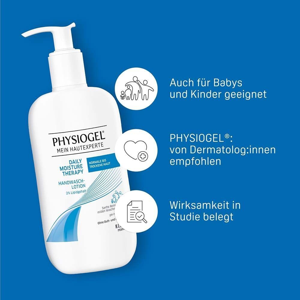 Weiße Flasche mit Pumpverschluss. Text: Auch für Babys und Kinder geeignet. PHYSIOGEL Daily Moisture Therapy.