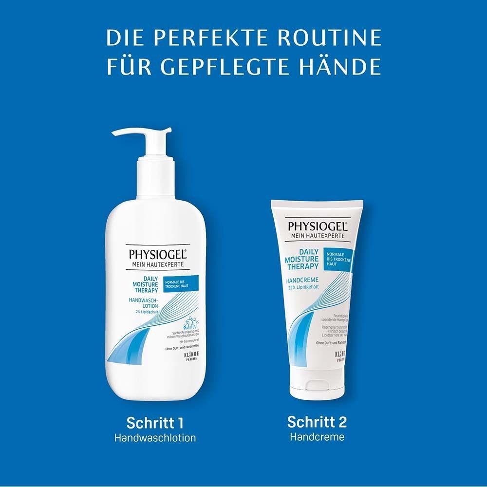 Handwaschlotion und Handcreme. Text: Schritt 1 Handwaschlotion, Schritt 2 Handcreme. PHYSIOGEL.
