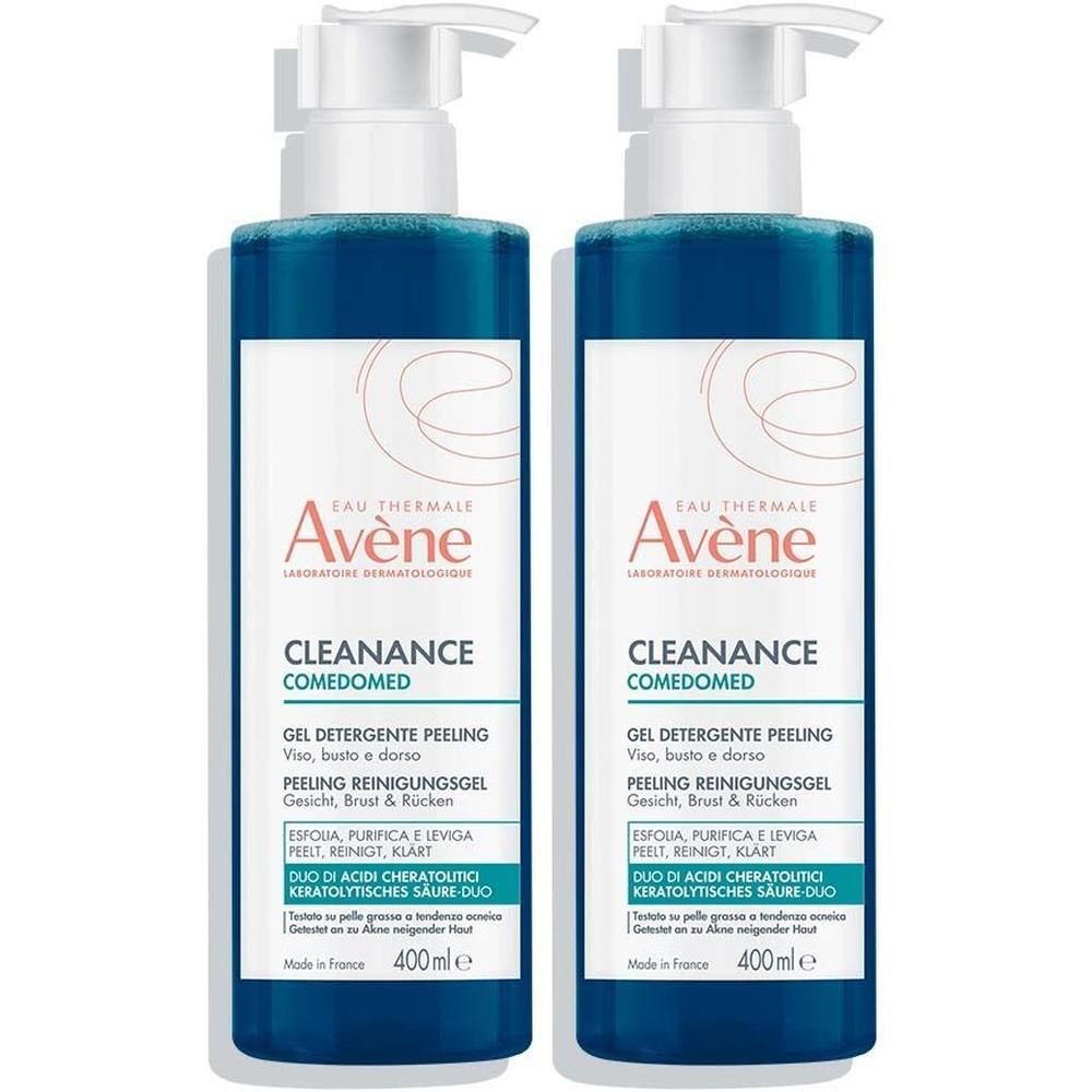 Zwei Flaschen AVENE Cleanance Comedomed Peeling Reinigungsgel. Blaue Flüssigkeit in transparenten Flaschen mit Pumpverschluss. Text auf Etikett.