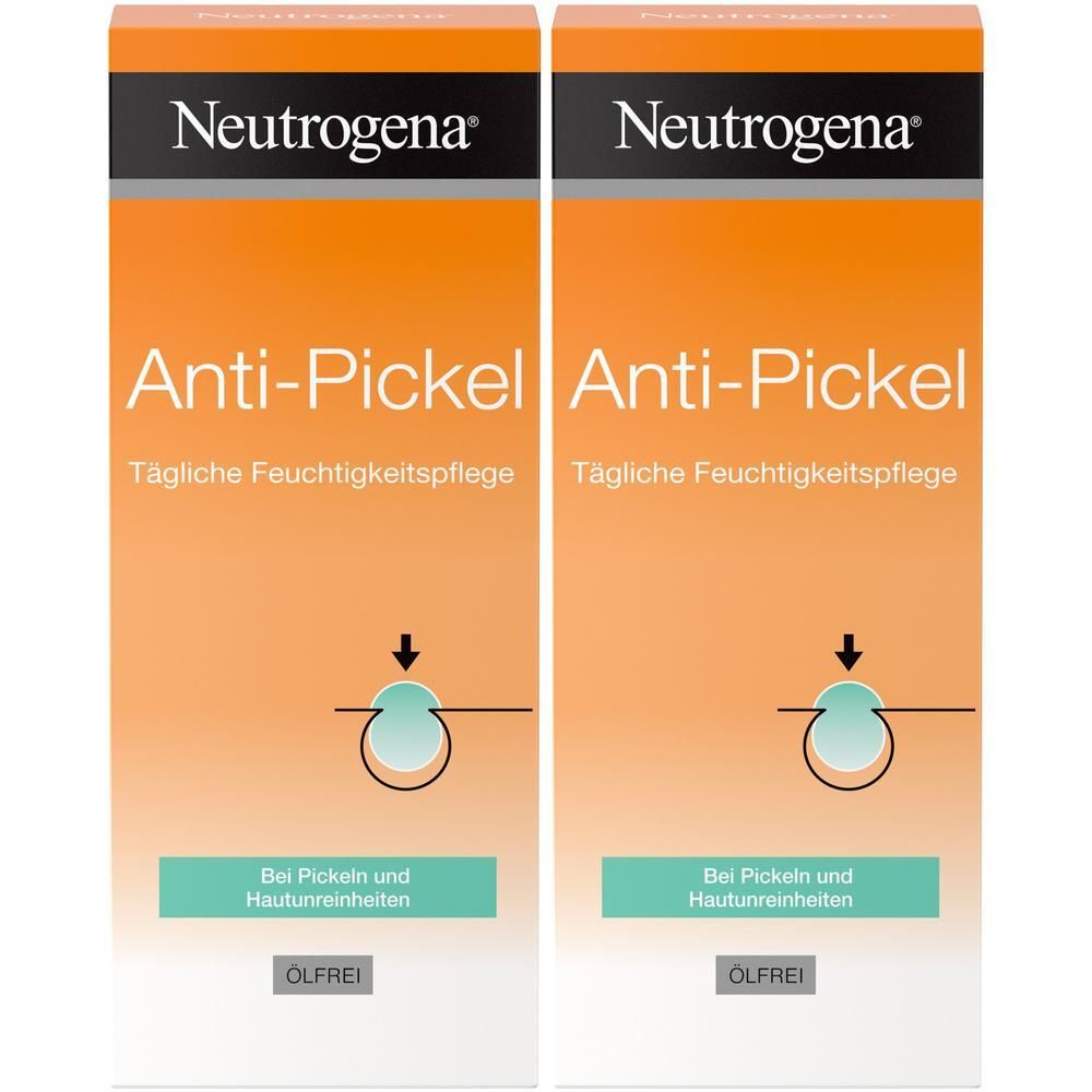 Zwei Packungen NEUTROGENA Anti-Pickel Feuchtigkeitspflege. Orange-weißes Design mit Produktnamen und Anwendungsbereich.