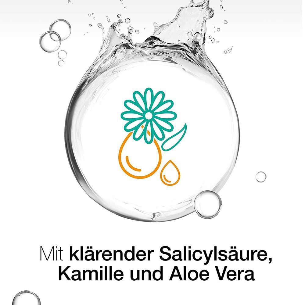 Grafik: Wassertropfen mit Kamille, Salicylsäure und Aloe Vera. Text: Mit klärender Salicylsäure, Kamille und Aloe Vera.