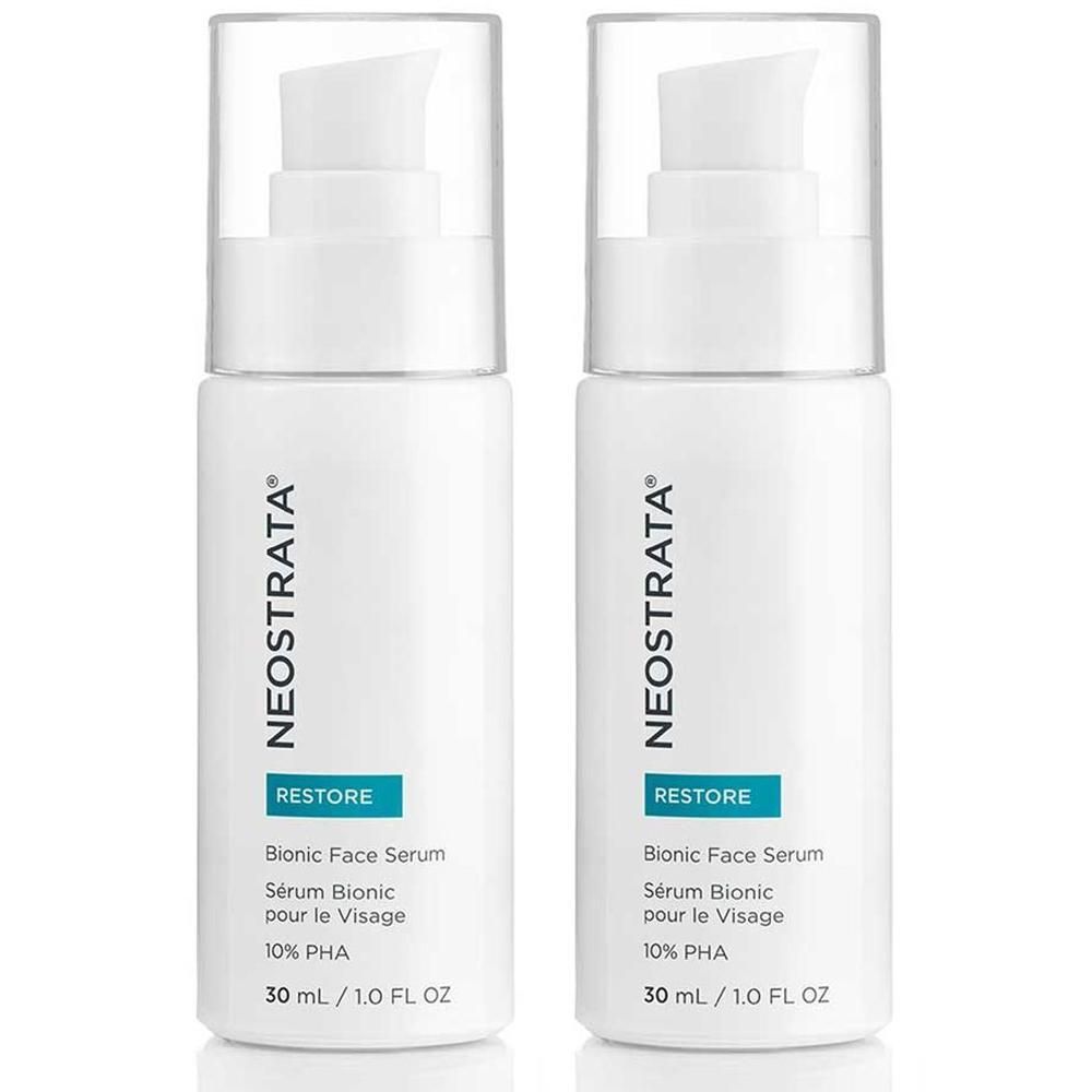 Zwei weiße Flaschen mit Pumpaufsatz. Aufschrift: NEOSTRATA, RESTORE, Bionic Face Serum, 10% PHA, 30 ml.