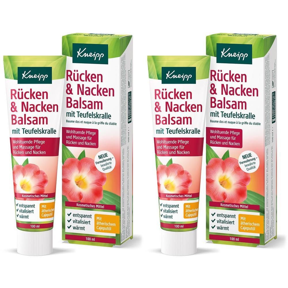 Zwei Tuben und Verpackungen. Aufschrift: Rücken & Nacken Balsam mit Teufelskralle. Kosmetisches Mittel. Entspannt, vitalisiert, wärmt.