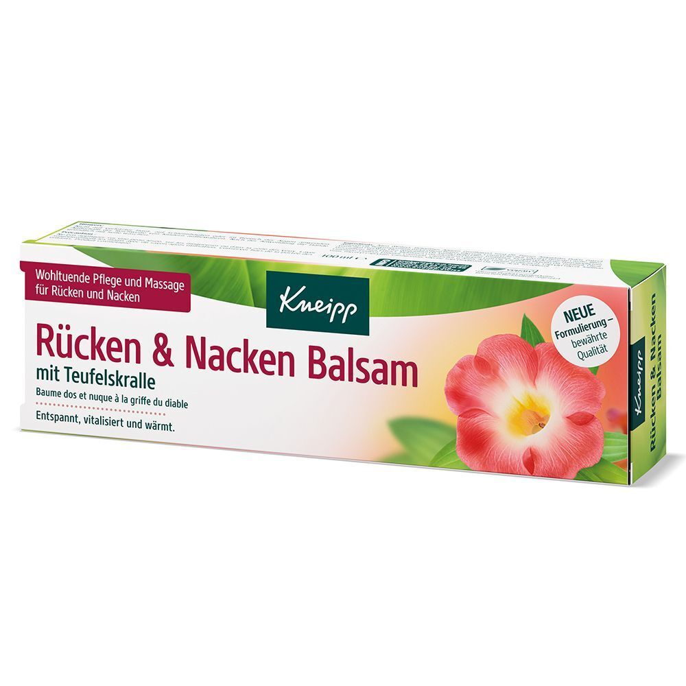 Verpackung. Aufschrift: Rücken & Nacken Balsam mit Teufelskralle. Kosmetisches Mittel. Entspannt, vitalisiert, wärmt.