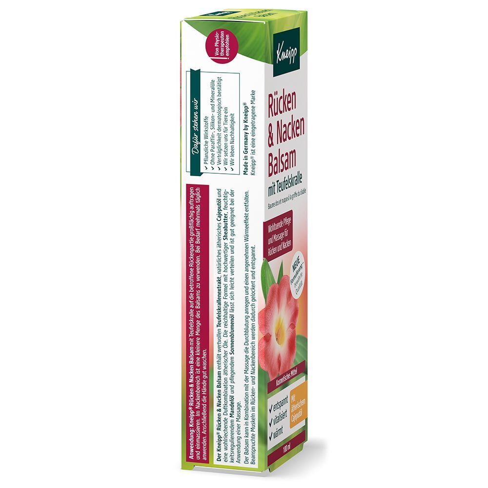 Verpackung. Aufschrift: Rücken & Nacken Balsam mit Teufelskralle. Text und Illustrationen. Rückseite mit Inhaltsstoffen und Anwendung.