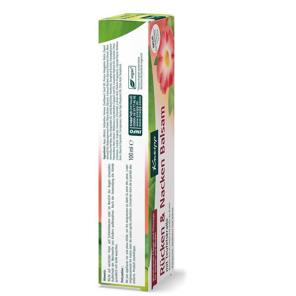 Verpackung. Aufschrift: Rücken & Nacken Balsam mit Teufelskralle. Rückseite mit Inhaltsstoffen, Anwendung und Kontaktinformationen.
