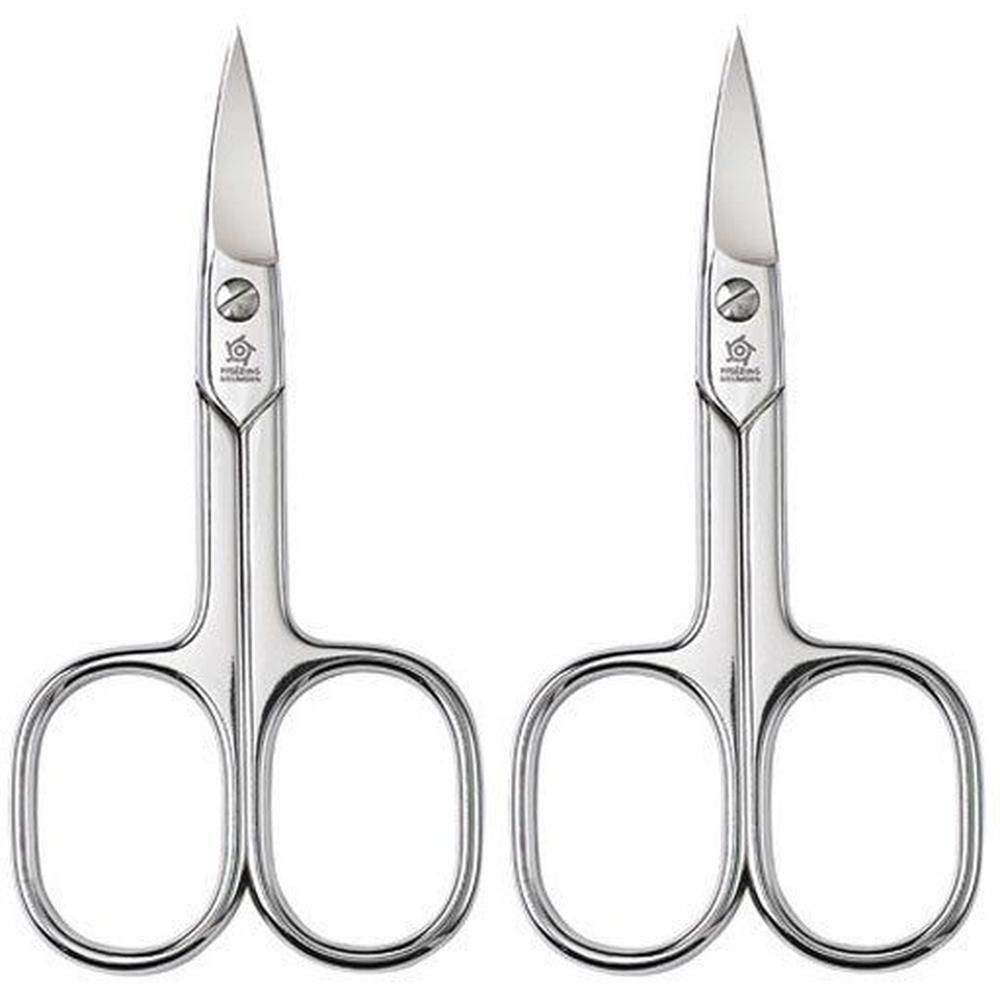 Zwei gebogene Nagelscheren aus Metall. Griffe mit runden Öffnungen. Auf den Scherenblättern ist ein Logo eingraviert.