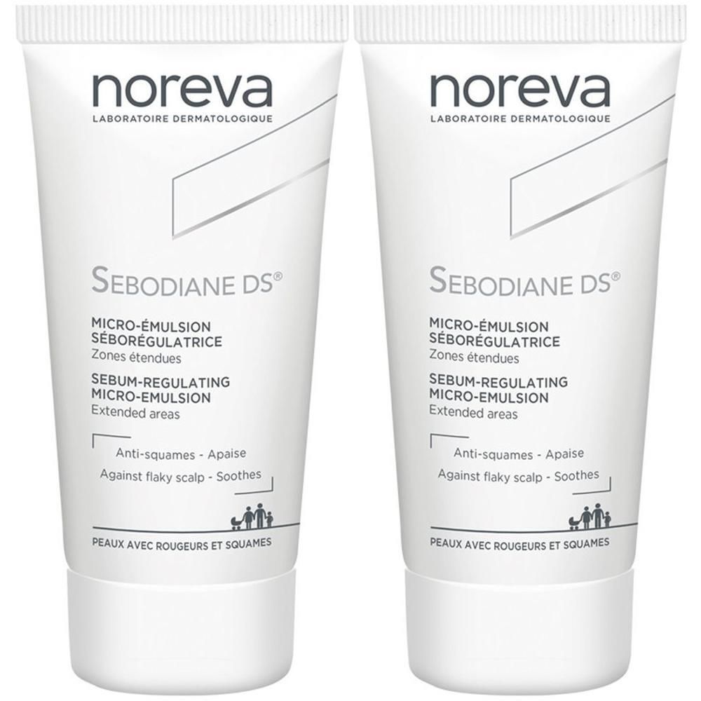 Zwei weiße Tuben mit Produkttext. Aufschrift: Noreva, Sebodiane DS. Mikro-Emulsion für erweiterte Bereiche. Gegen Schuppen und Rötungen.