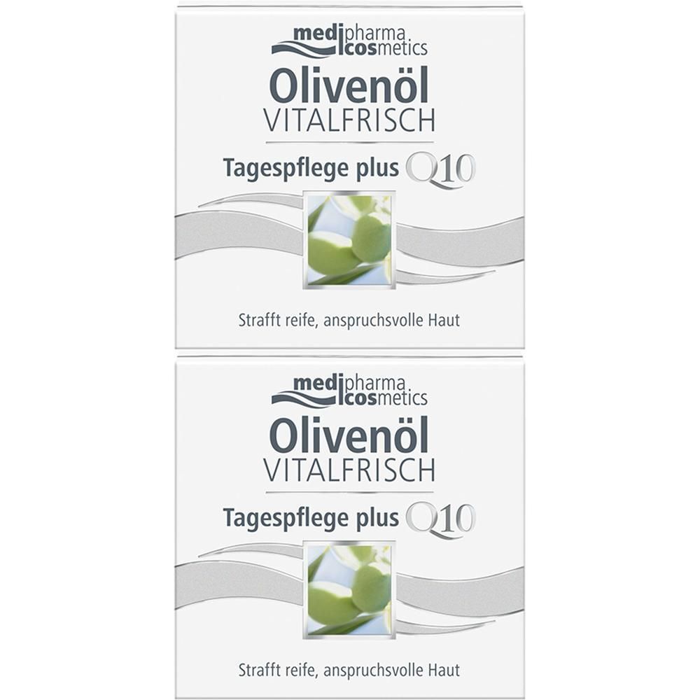 Zwei quadratische Faltschachteln. Aufschrift: medi-pharma cosmetics, Olivenöl VITALFRISCH Tagespflege plus Q10. Text: Strafft reife, anspruchsvolle Haut.