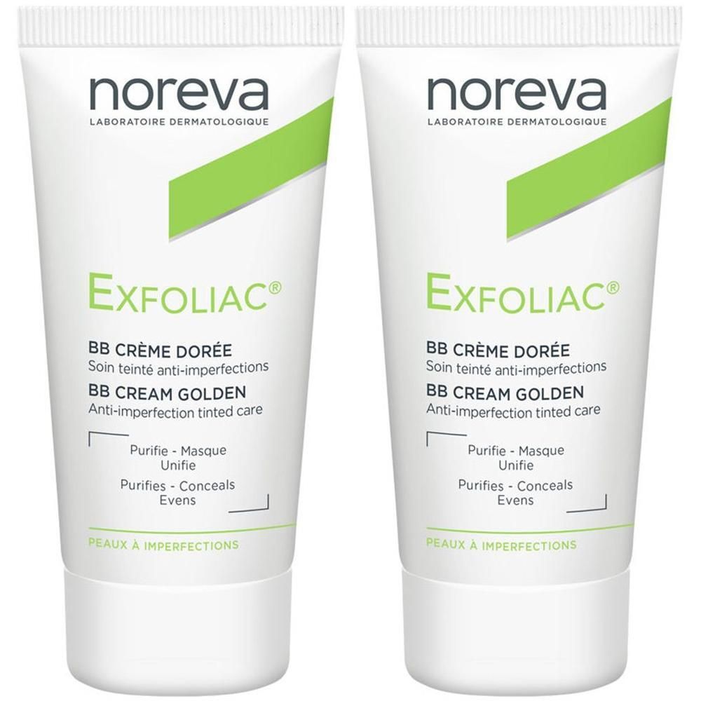 Zwei Tuben NOREVA Exfoliac BB Crème Dorée. Weiße Tuben mit grünen Akzenten. Text: Exfoliac, BB Crème Dorée, BB Cream Golden.