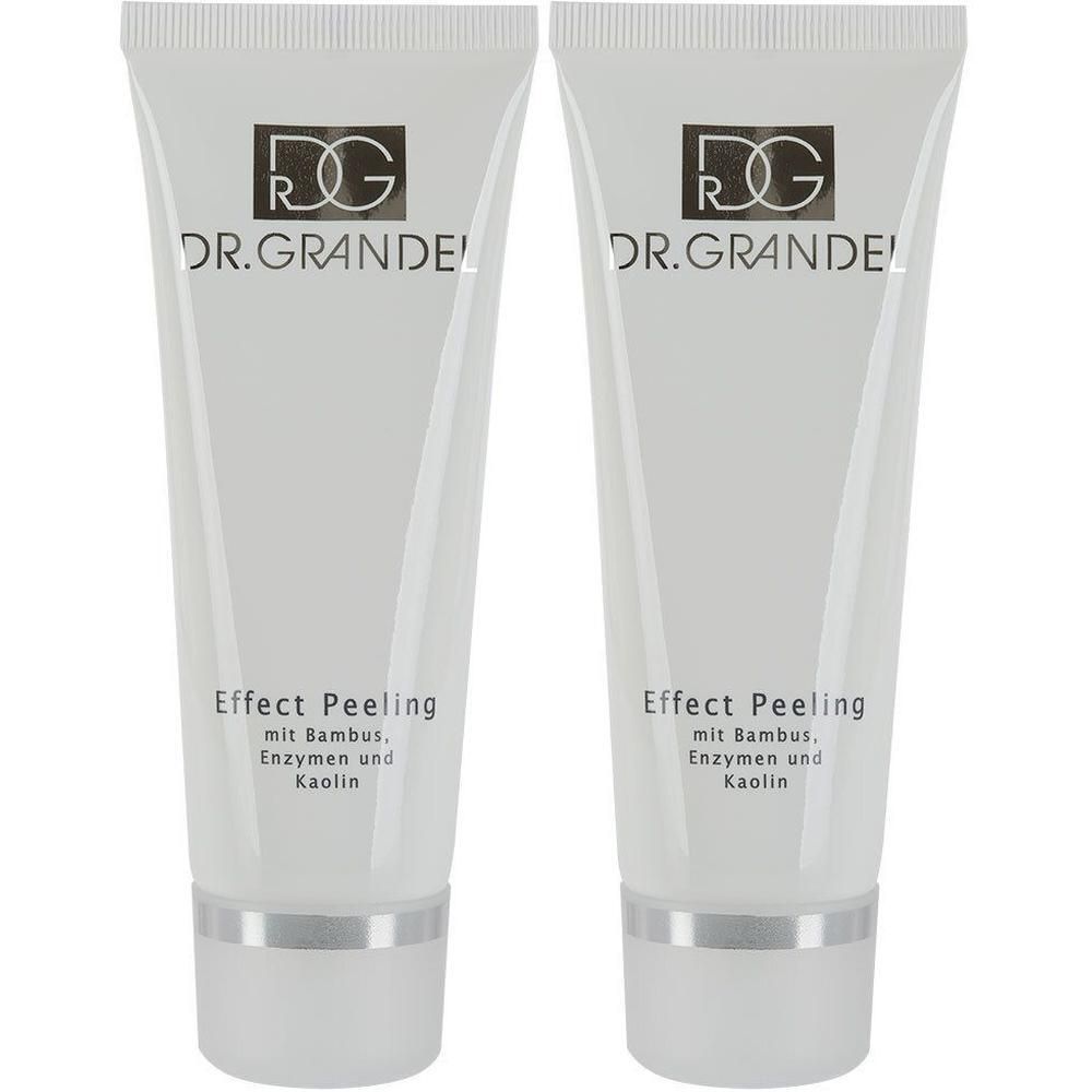 Zwei Tuben mit weißem Inhalt. Aufschrift: DR. GRANDEL, Effect Peeling mit Bambus, Enzymen und Kaolin. Silberfarbener Verschluss.