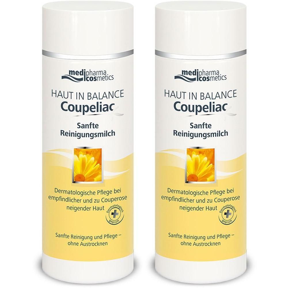 Zwei weiße Flaschen mit gelben Etiketten. Aufschrift: HAUT IN BALANCE Coupeliac Sanfte Reinigungsmilch. Logo: medipharma cosmetics.