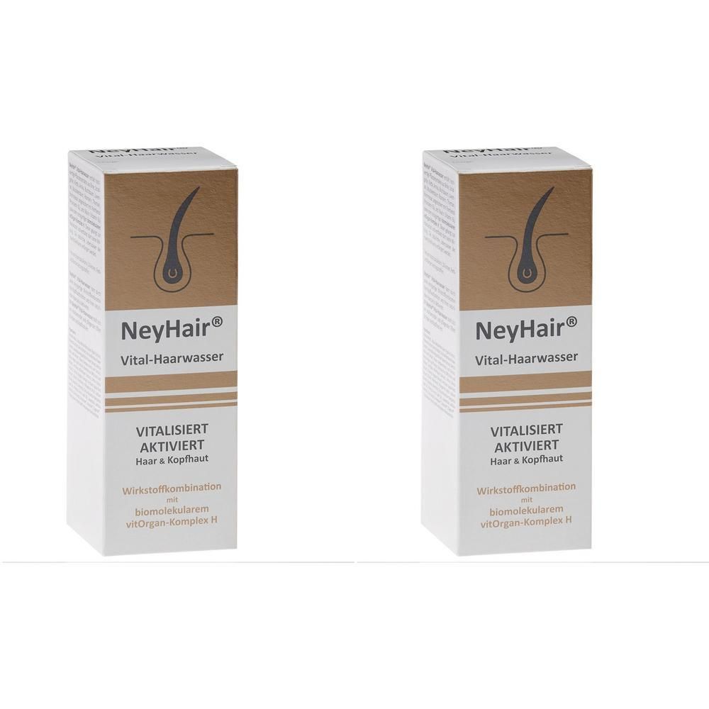 Zwei rechteckige Kartons. Aufdruck: NeyHair Vital-Haarwasser. Text: Vitalisiert, aktiviert Haar & Kopfhaut. Logo: Haarsymbol.