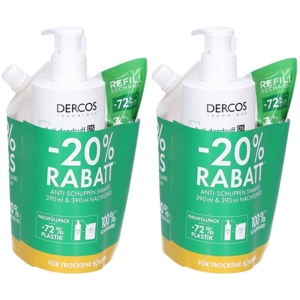 Zwei Sets mit Shampoo-Flaschen, Nachfüllpackungen und Rabatt-Hinweis. Grüne Verpackung mit weißem Produkt. Aufschrift: Dercos.