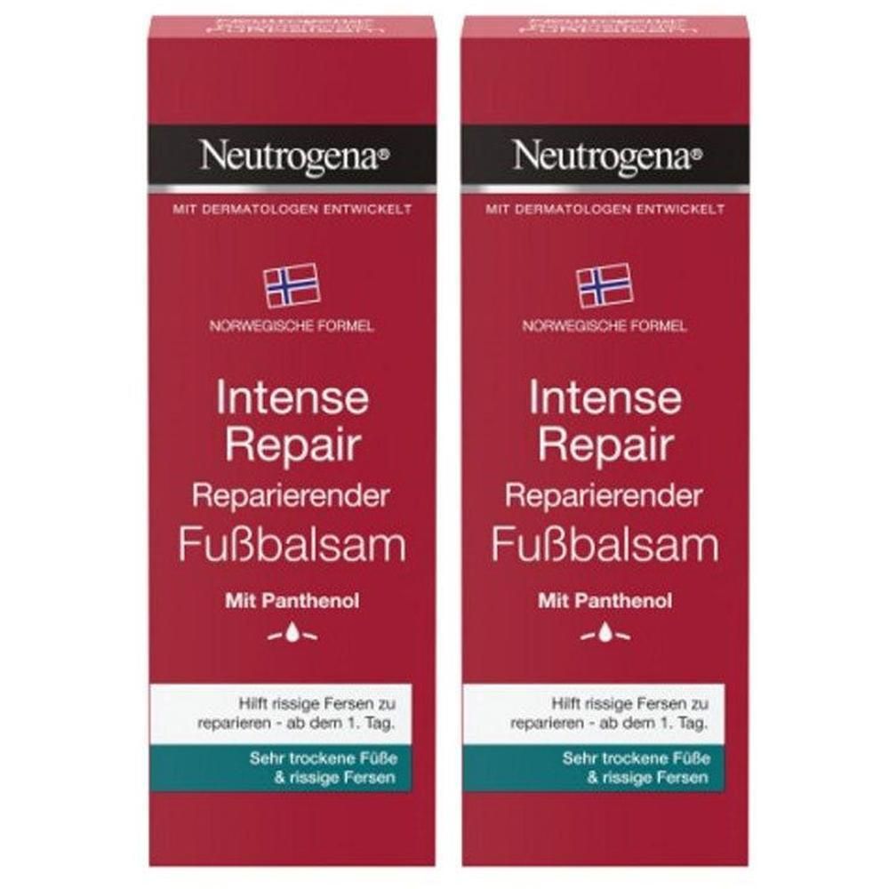 Zwei rechteckige Verpackungen. Aufschrift: Neutrogena, Intense Repair Fußbalsam. Mit Panthenol. Für rissige Fersen.