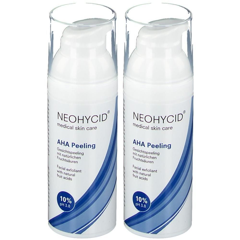 Zwei weiße Flaschen mit Pumpaufsatz. Aufschrift: NEOHYCID, AHA Peeling, 10% pH3.8. Blaue und weiße Verpackung.