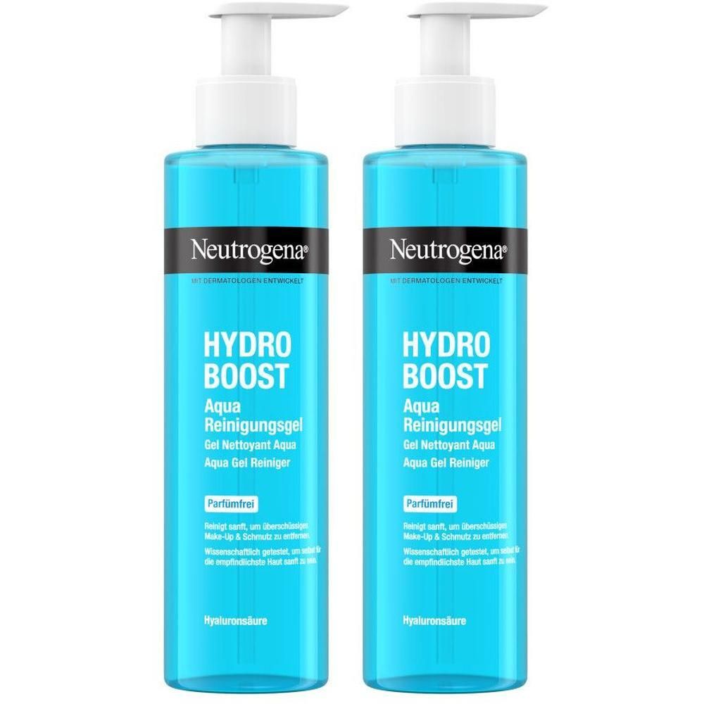 Zwei blaue Flaschen mit weißem Pumpverschluss. Aufschrift: Neutrogena, Hydro Boost Aqua Reinigungsgel, parfümfrei.