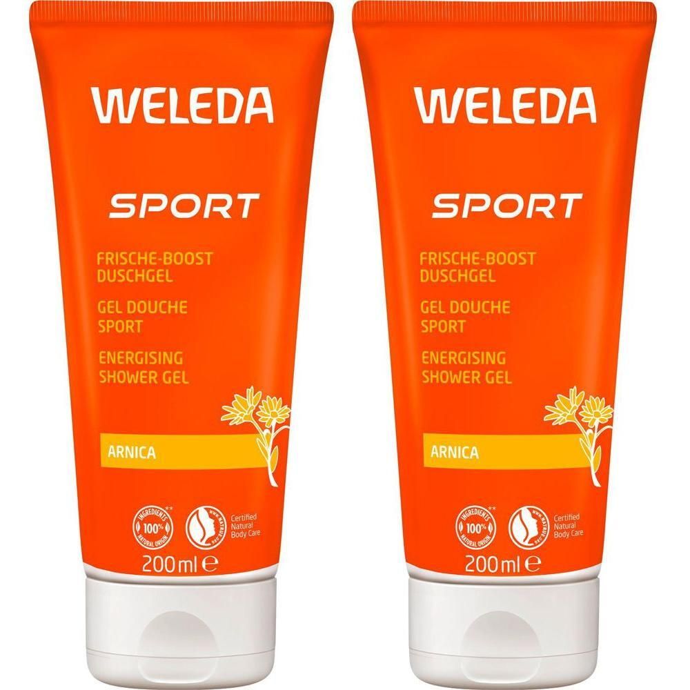 Zwei Tuben WELEDA Sport Duschgel Arnika. Orangefarbene Verpackung mit weißer Schrift. Enthält 200ml. Mit Naturkosmetik-Siegel.