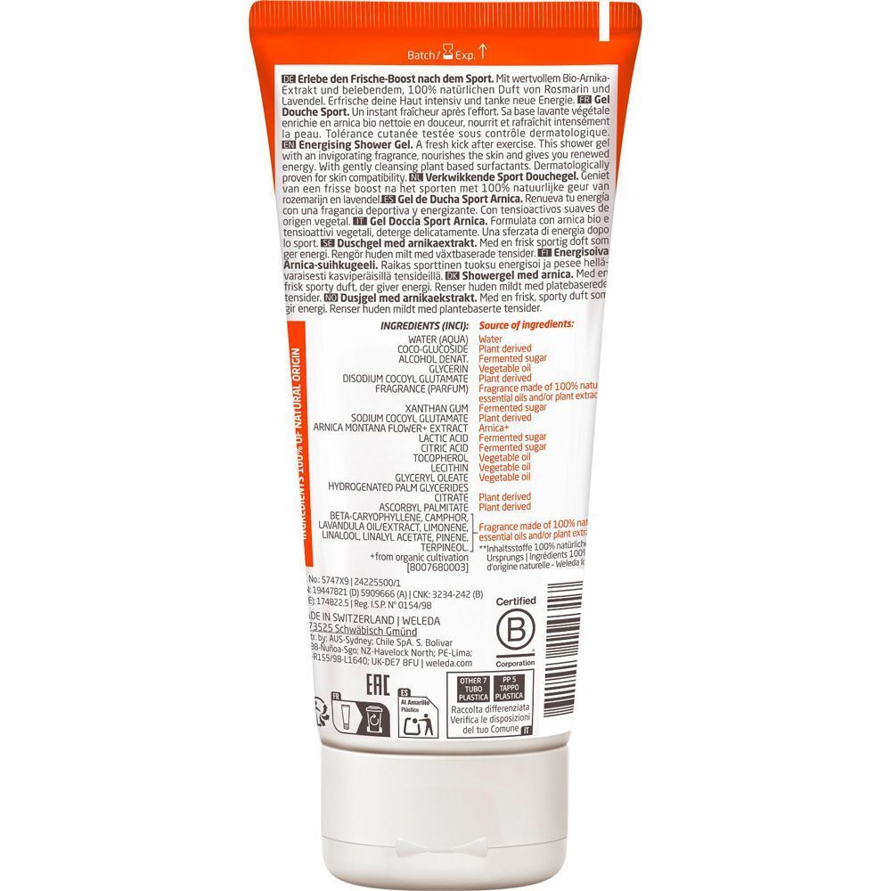 Rückseite einer Tube WELEDA Sport Duschgel Arnika. Orangefarben mit Text und Inhaltsstoffen. Mit Naturkosmetik-Siegel.