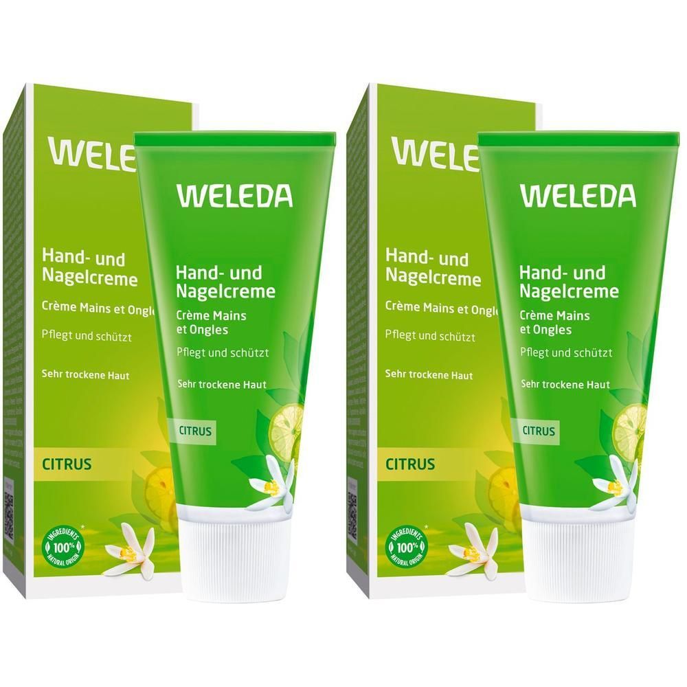 Zwei grüne Tuben Handcreme mit grüner Verpackung. Aufschrift: WELEDA, Hand- und Nagelcreme, Citrus. Mit Zertifizierungen.