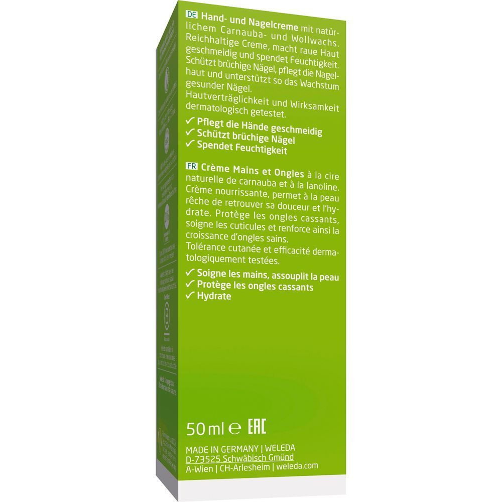 Rückseite der grünen Verpackung. Text in Deutsch und Französisch. Enthält Informationen zur Handcreme und Inhaltsstoffe.
