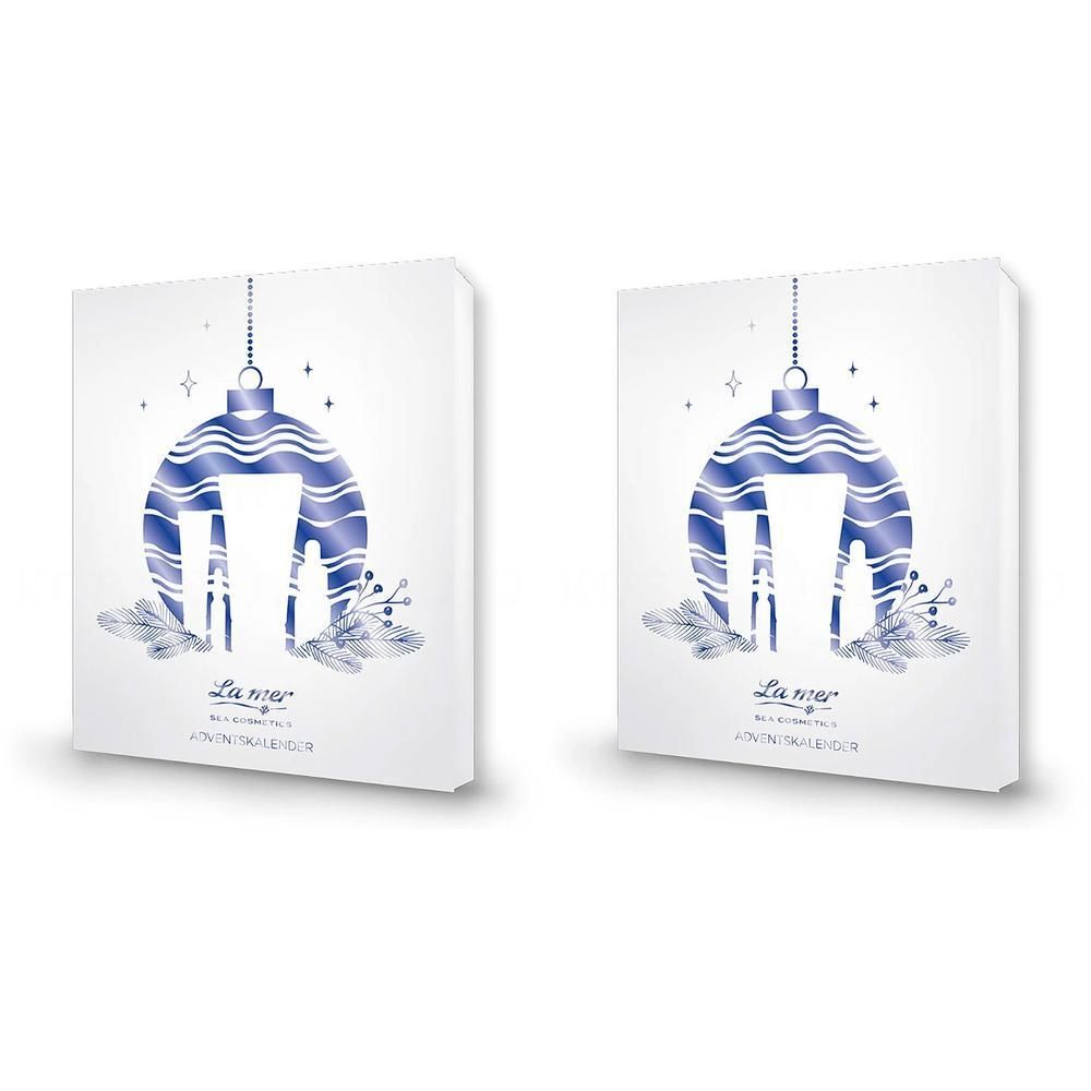 Zwei weiße Adventskalender mit blauer Weihnachtskugel-Grafik, die Kosmetikflaschen zeigt. Unten steht 'La Mer'.