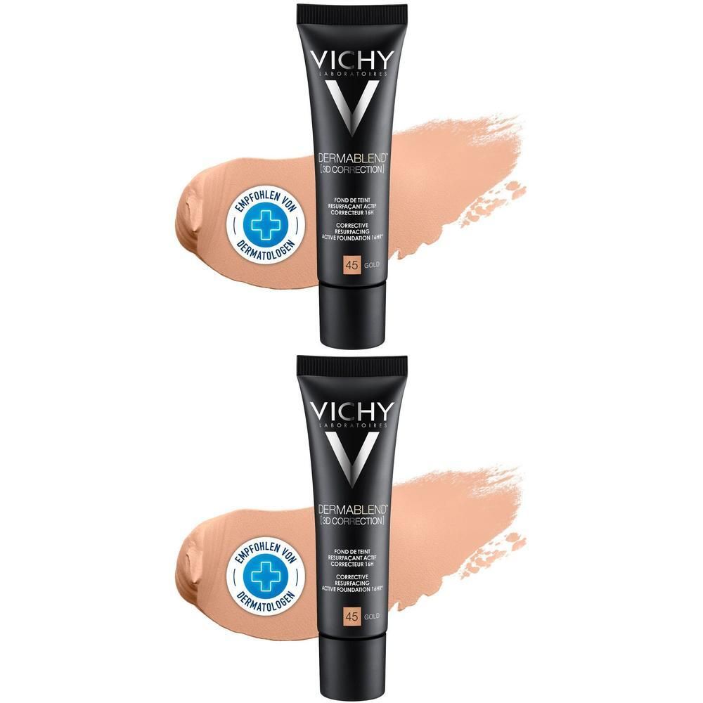 Zwei Tuben Make-up mit Farbton 45. Schwarze Tuben mit weißem Logo. Daneben zwei Farbmuster.