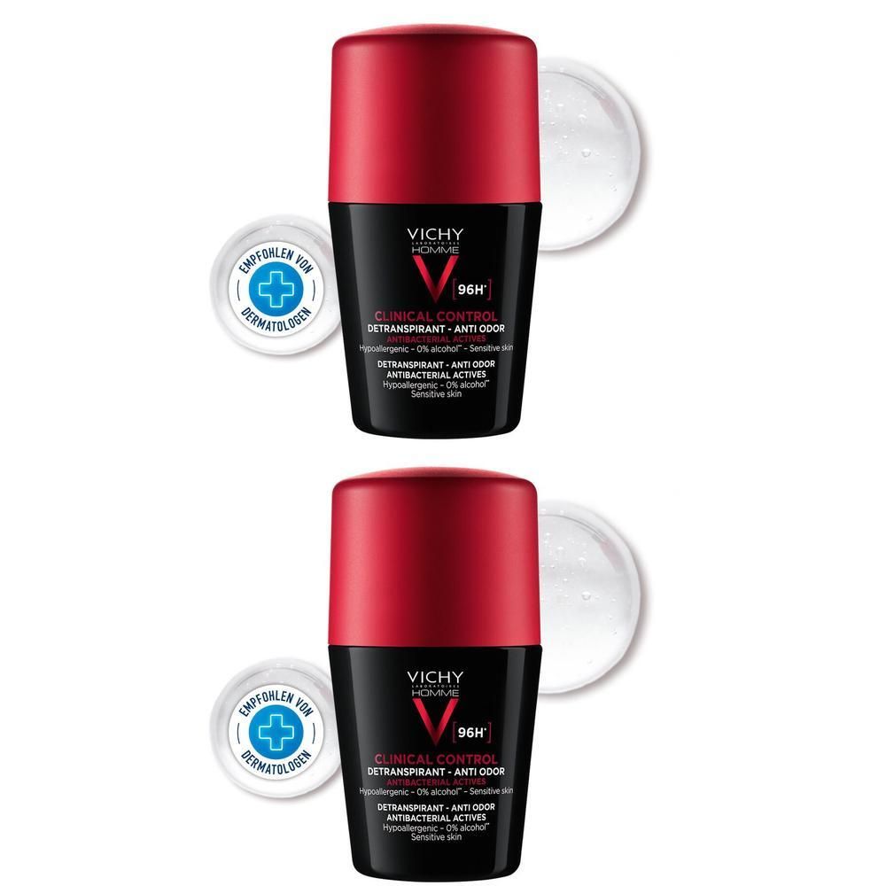 Zwei Roll-on-Deodorants mit roter Kappe und schwarzem Korpus. Aufschrift: Vichy Homme Clinical Control 96h.