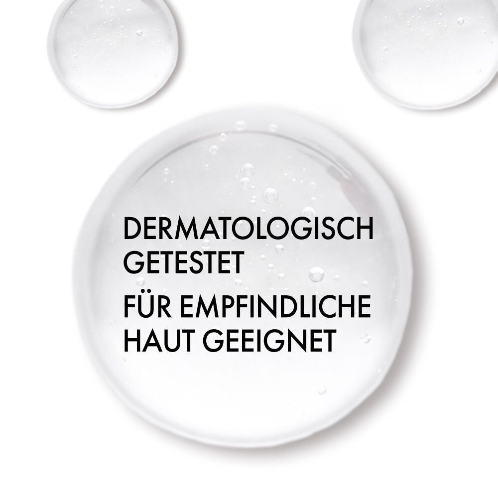 Nahaufnahme von Seifenblasen. Text: Dermatologisch getestet, für empfindliche Haut geeignet.