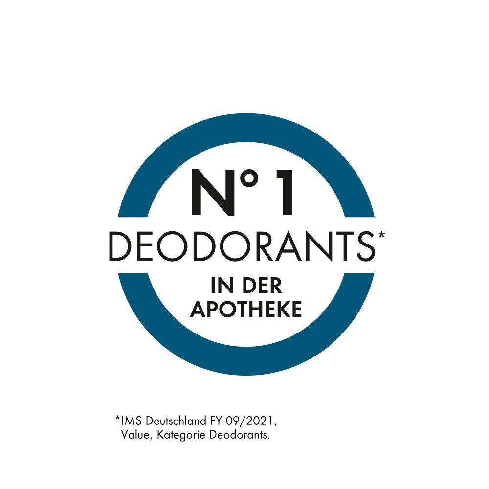 Blaues Logo mit Text: Nr. 1 Deodorants in der Apotheke. Zusatz: IMS Deutschland FY 09/2021.