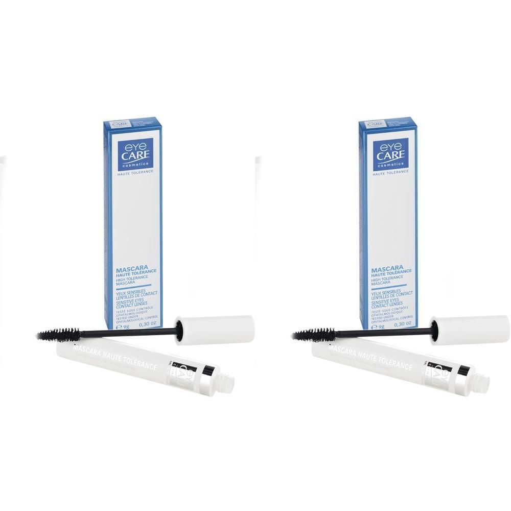 Zwei Mascaras mit schwarzer Bürste und weißer Hülse. Daneben zwei Verpackungen mit blau-weißem Aufdruck. Aufschrift: Eye Care.