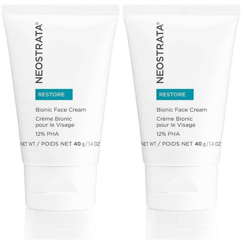 Zwei Tuben NEOSTRATA Bionic Face Cream. Weiße Tuben mit blauer Schrift. Text: Restore, Bionic Face Cream, 12% PHA, 40g.