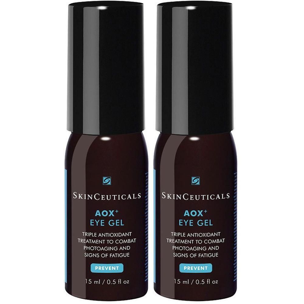 Zwei Flaschen SKINCEUTICALS Aox+ Eye Gel. Braune Flaschen mit schwarzen Deckeln. Blaue Etiketten mit weißer Schrift. 15 ml.